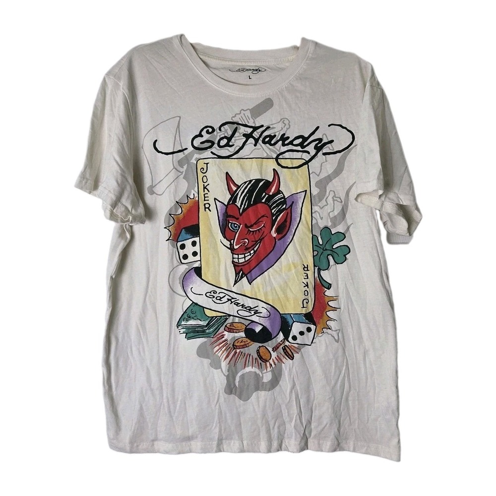 Ed Hardy Joker Graphic T-Shirt Men's Large White Y2K Tattoo Devil Dice Double...
